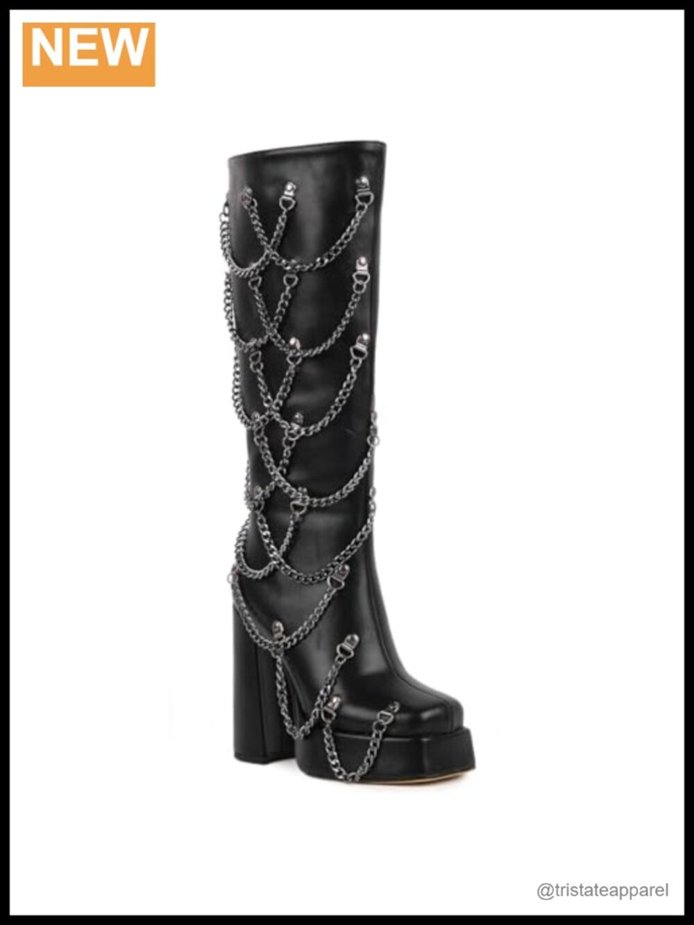 Gothic Platform Knee High Boots with Chains, Square Toe Studded Side Zipper